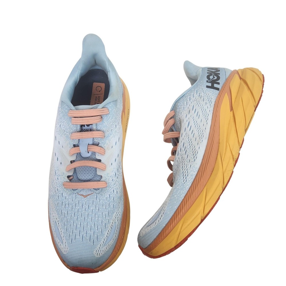 HOKA ONE ONE Clifton 8 Shoes Womens 8.5 Blue Yellow Running Cushioned Athletic‎